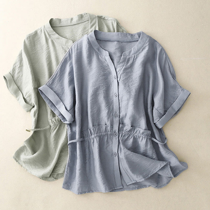 Buddha Stones Summer Button Lace-up Short Sleeve Women's Cotton Shirt - image 10