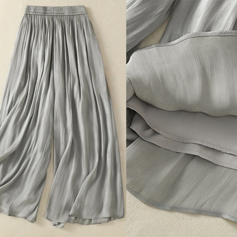 Buddha Stones Light Gray Pleated Design Elastic Waist Women's Wide Leg Pants With Pockets - image 4