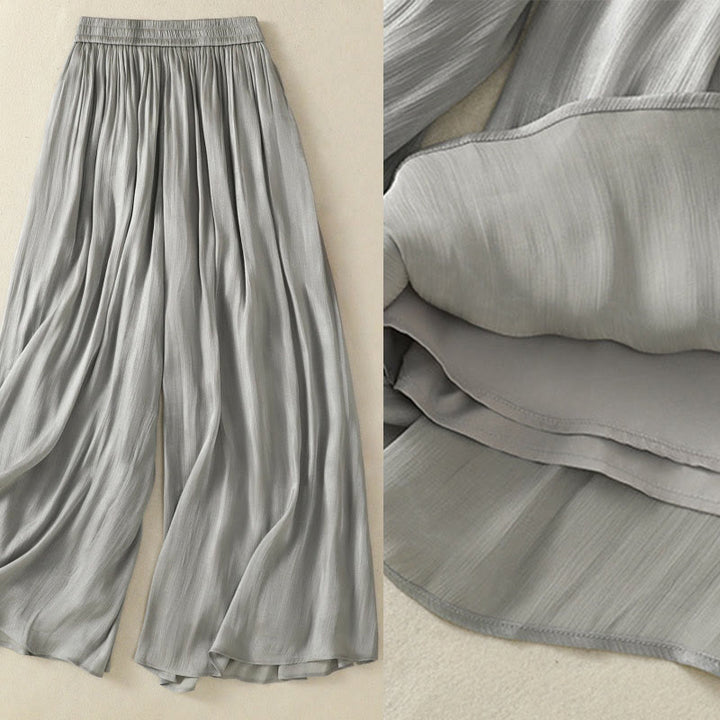 Buddha Stones Light Gray Pleated Design Elastic Waist Women's Wide Leg Pants With Pockets - image 4