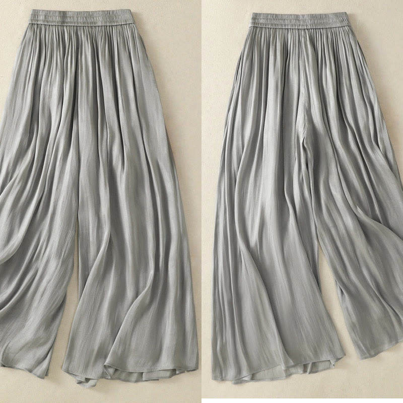Buddha Stones Light Gray Pleated Design Elastic Waist Women's Wide Leg Pants With Pockets - image 4