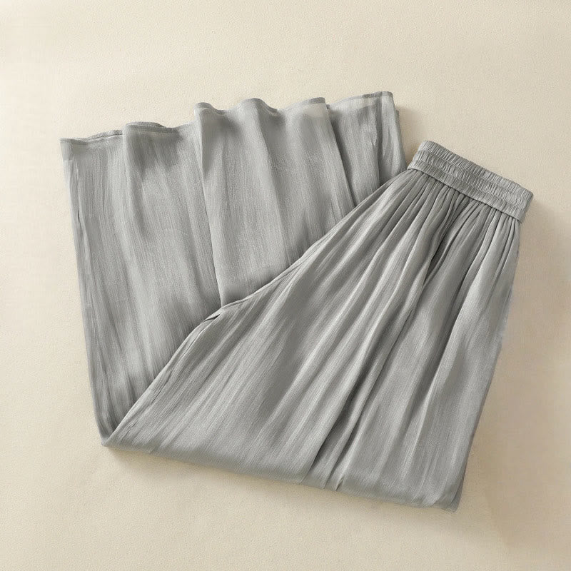 Buddha Stones Light Gray Pleated Design Elastic Waist Women's Wide Leg Pants With Pockets - image 2