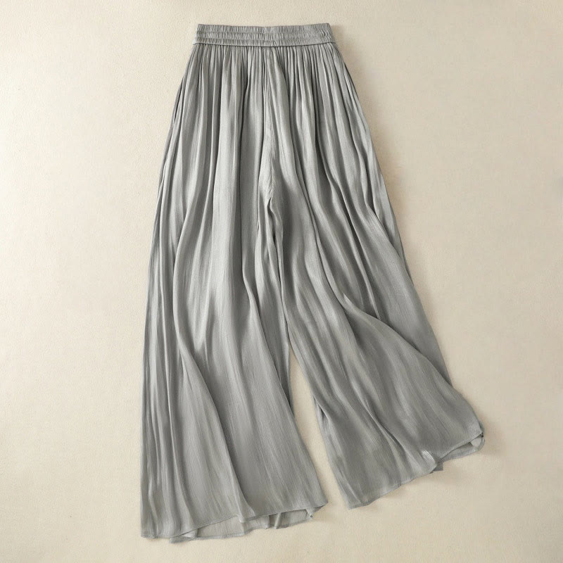 Buddha Stones Light Gray Pleated Design Elastic Waist Women's Wide Leg Pants With Pockets - image 2