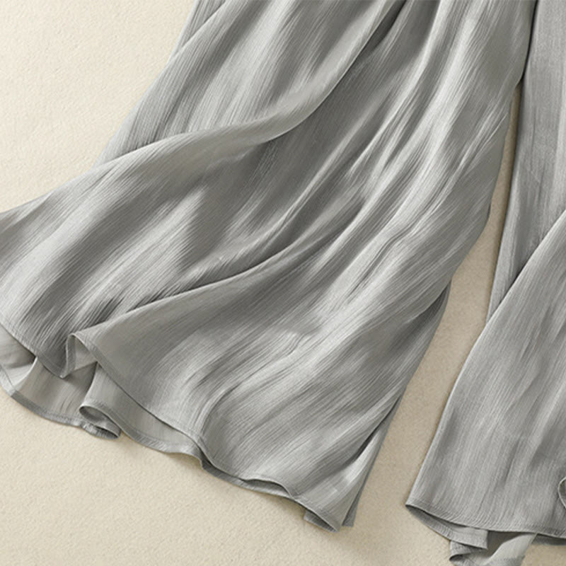 Buddha Stones Light Gray Pleated Design Elastic Waist Women's Wide Leg Pants With Pockets - image 13