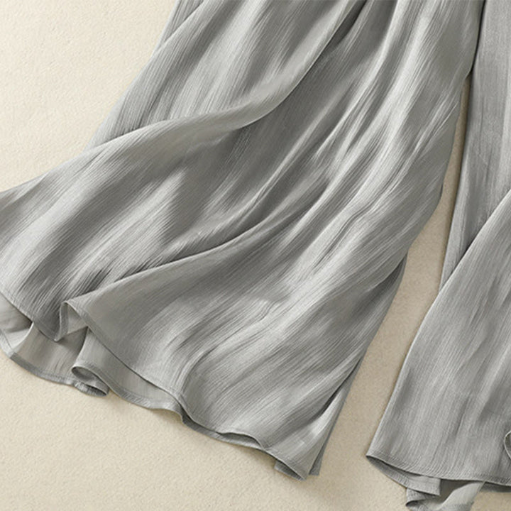 Buddha Stones Light Gray Pleated Design Elastic Waist Women's Wide Leg Pants With Pockets - image 13