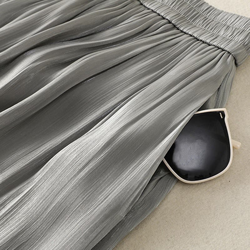 Buddha Stones Light Gray Pleated Design Elastic Waist Women's Wide Leg Pants With Pockets - image 10