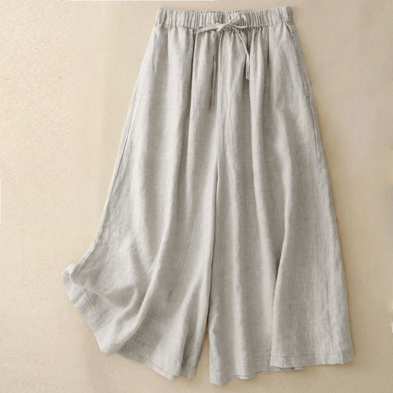 Buddha Stones Summer Elastic Waist Women's Capri Cropped Wide Leg Pants With Pockets - Linen - US14，UK/AU18，EU46 (3XL) - image 16