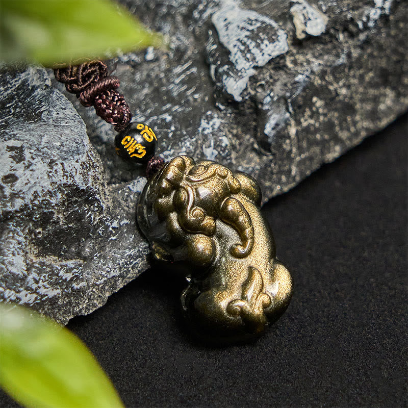 Buddha Stones Gold Sheen Obsidian PiXiu Wealth Rope Necklace Pendant - PiXiu Necklace - image 1