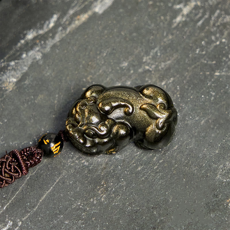 Buddha Stones Gold Sheen Obsidian PiXiu Wealth Rope Necklace Pendant - image 3
