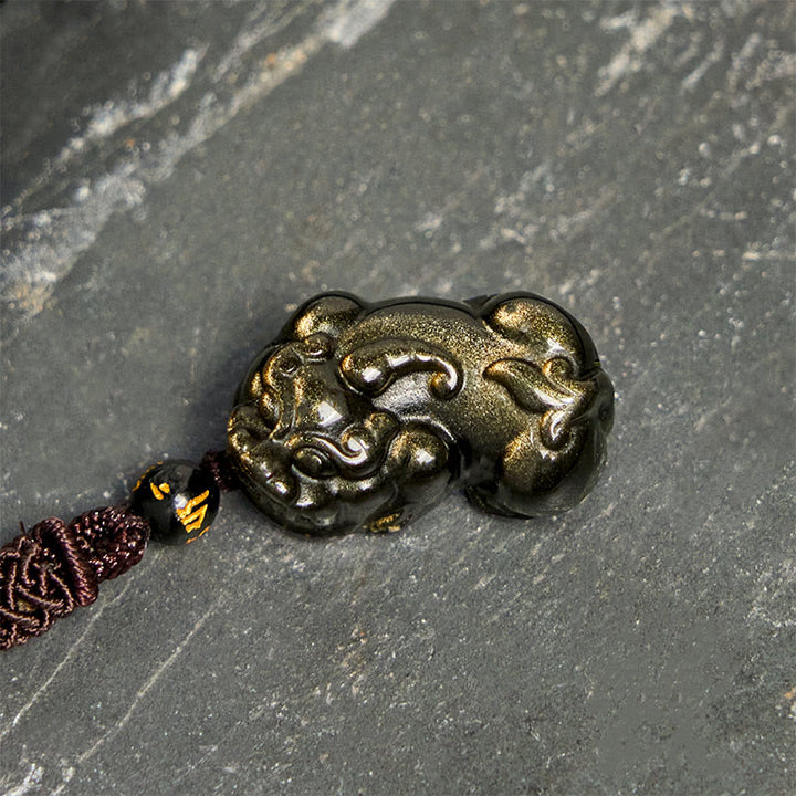 Buddha Stones Gold Sheen Obsidian PiXiu Wealth Rope Necklace Pendant - image 3