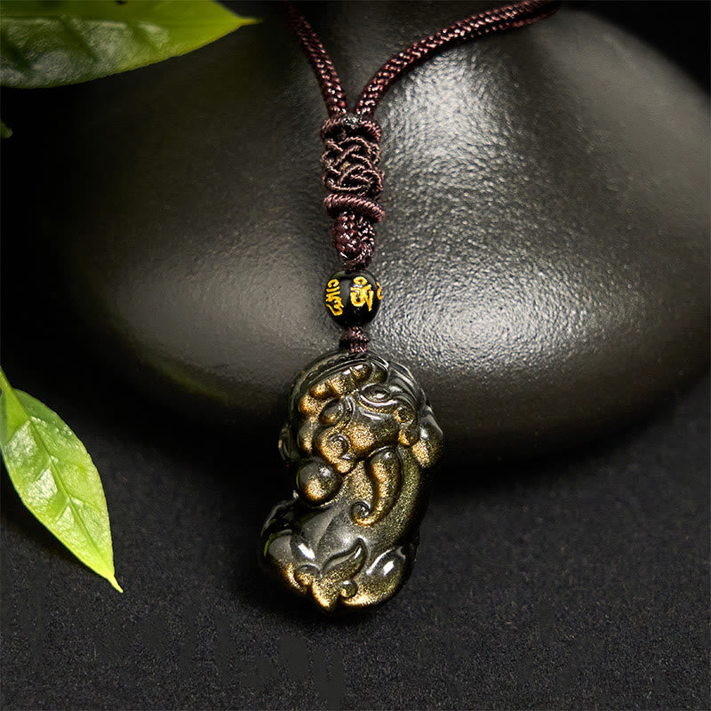 Buddha Stones Gold Sheen Obsidian PiXiu Wealth Rope Necklace Pendant - image 2