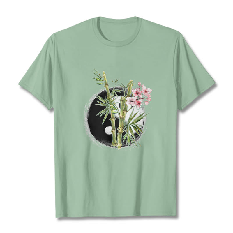 Buddha Stones Yin Yang Bamboo Peach Blossoms Pattern Tee T-shirt - PaleGreen - 2XL - image 15