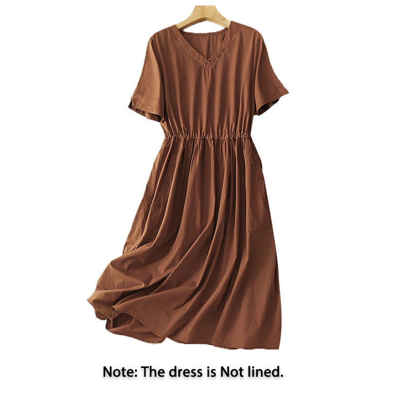 Buddha Stones Spring Plain V-neck Design Half Sleeve Cotton Linen Midi Dress With Pockets - image 2