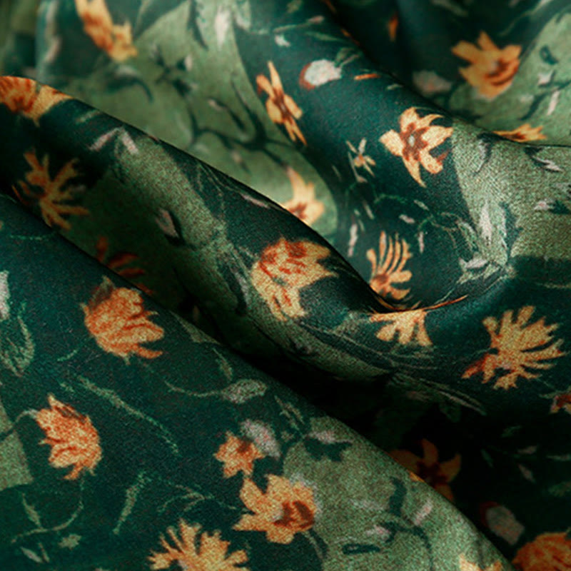 Buddha Stones Spring Flower Printed V-neck Half Sleeve Cotton Linen Midi Dress With Pockets - image 6