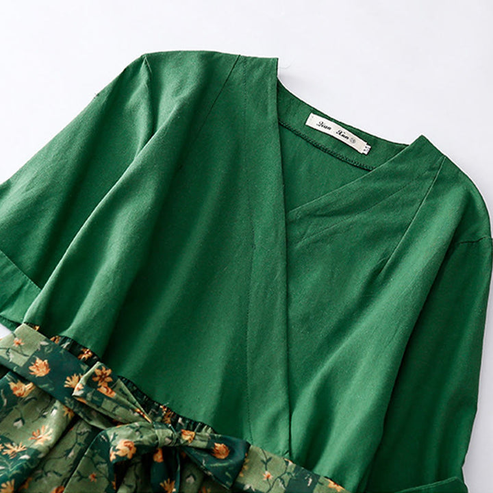 Buddha Stones Spring Flower Printed V-neck Half Sleeve Cotton Linen Midi Dress With Pockets - image 4