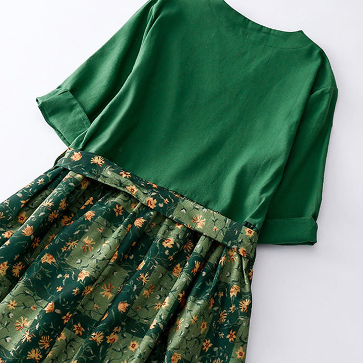 Buddha Stones Spring Flower Printed V-neck Half Sleeve Cotton Linen Midi Dress With Pockets - image 4