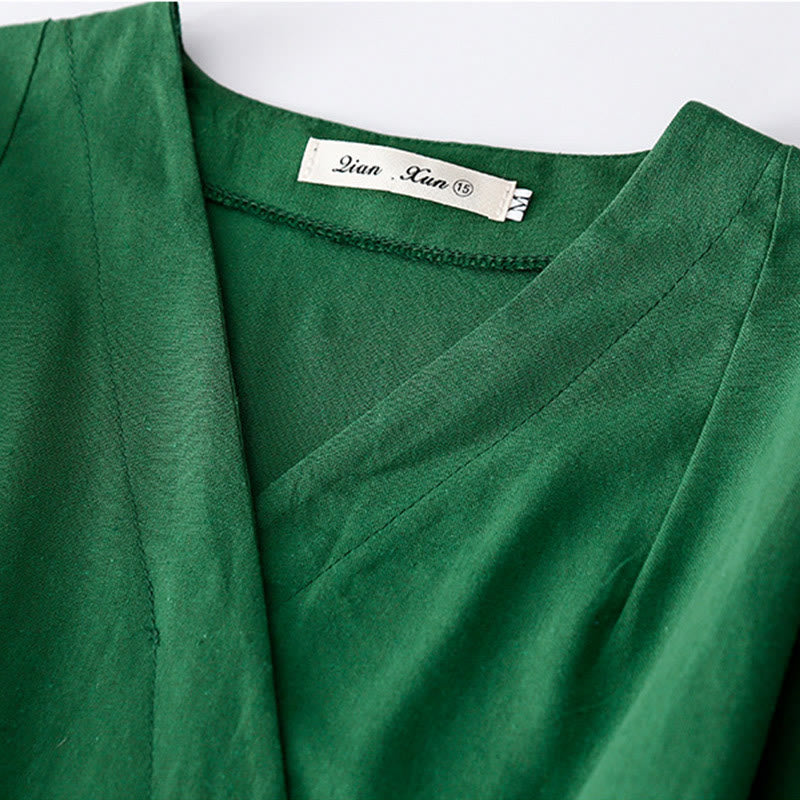 Buddha Stones Spring Flower Printed V-neck Half Sleeve Cotton Linen Midi Dress With Pockets - image 5