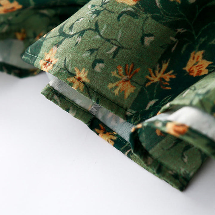 Buddha Stones Spring Flower Printed V-neck Half Sleeve Cotton Linen Midi Dress With Pockets - image 8