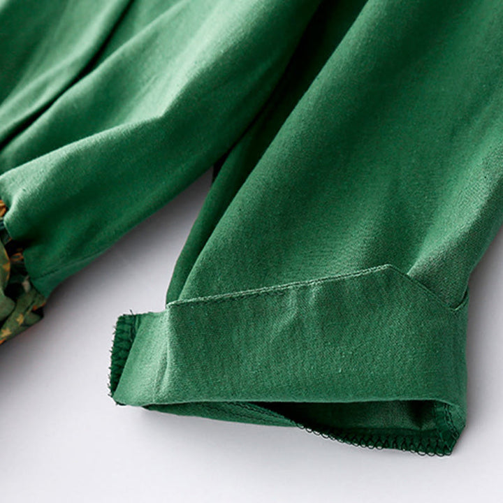 Buddha Stones Spring Flower Printed V-neck Half Sleeve Cotton Linen Midi Dress With Pockets - image 15