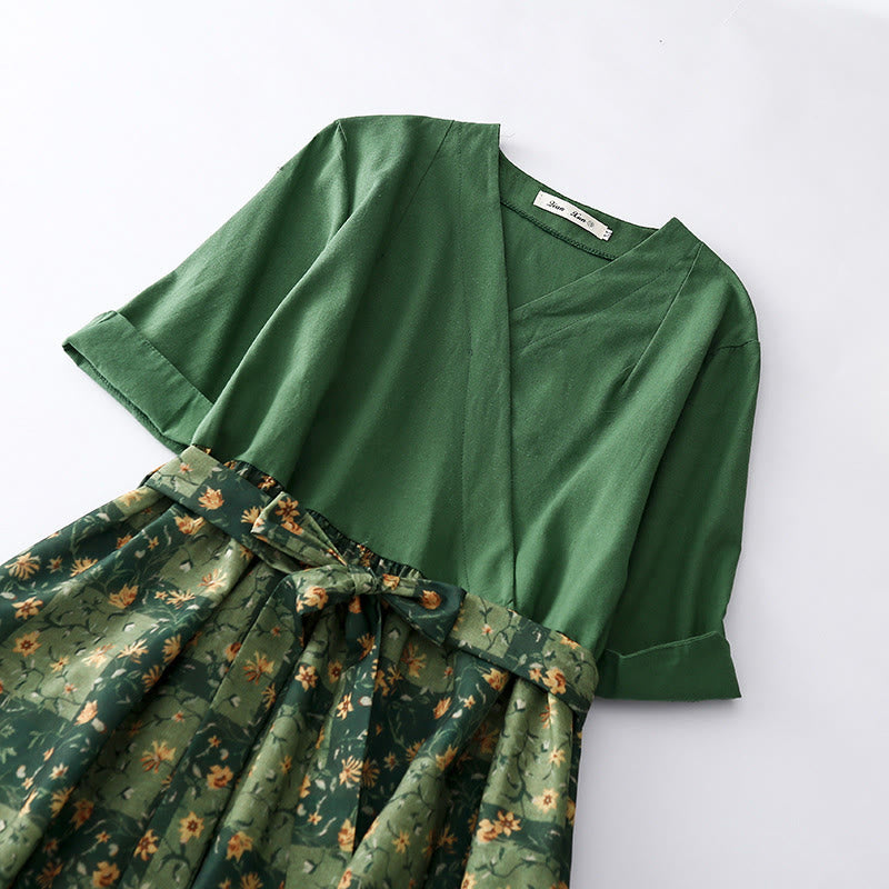 Buddha Stones Spring Flower Printed V-neck Half Sleeve Cotton Linen Midi Dress With Pockets - image 3