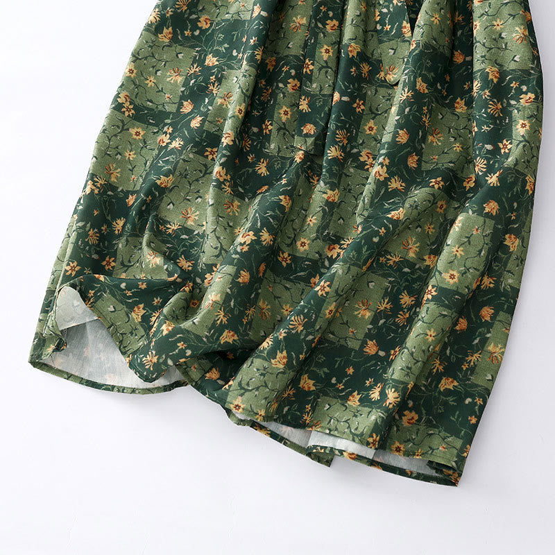 Buddha Stones Spring Flower Printed V-neck Half Sleeve Cotton Linen Midi Dress With Pockets - image 15