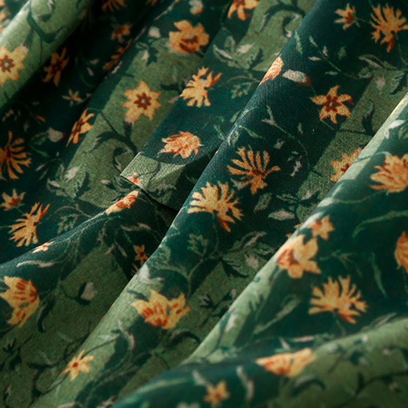 Buddha Stones Spring Flower Printed V-neck Half Sleeve Cotton Linen Midi Dress With Pockets - image 7