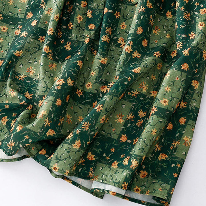 Buddha Stones Spring Flower Printed V-neck Half Sleeve Cotton Linen Midi Dress With Pockets - image 13