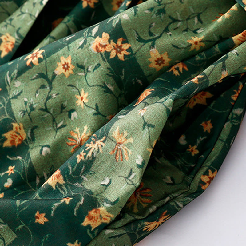 Buddha Stones Spring Flower Printed V-neck Half Sleeve Cotton Linen Midi Dress With Pockets - image 10