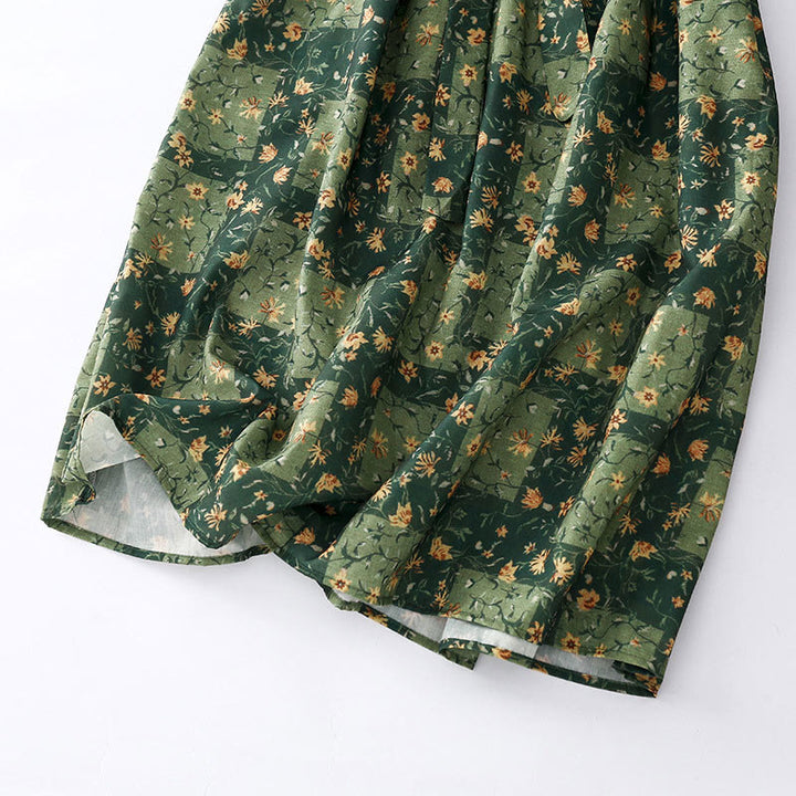 Buddha Stones Spring Flower Printed V-neck Half Sleeve Cotton Linen Midi Dress With Pockets - image 14