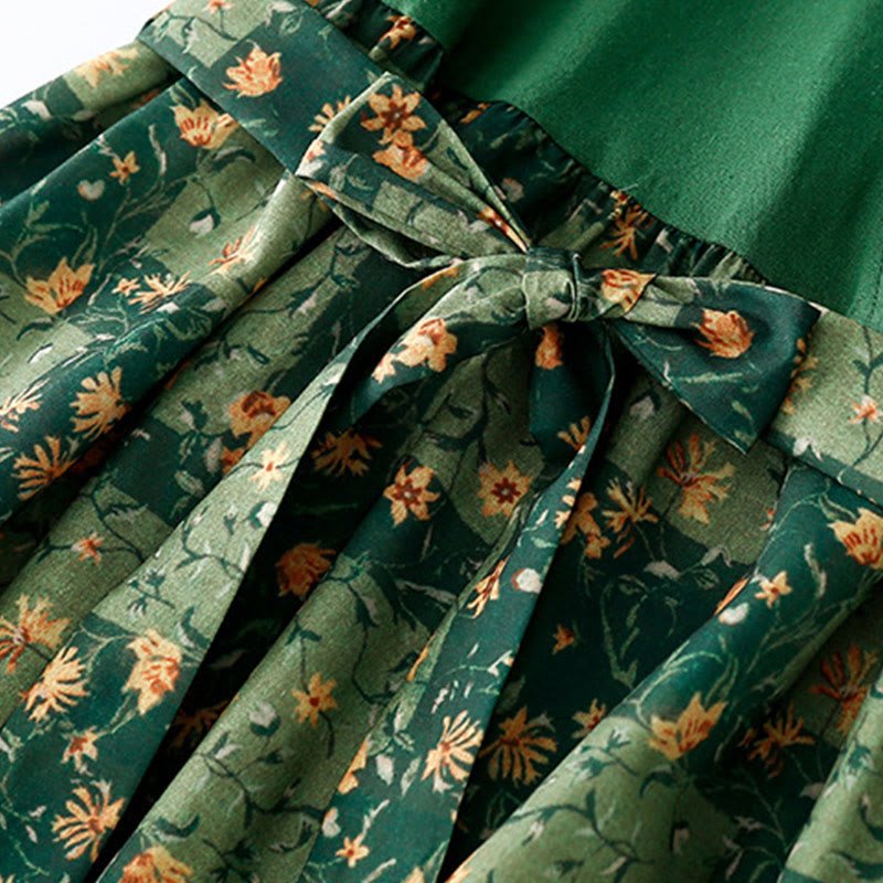 Buddha Stones Spring Flower Printed V-neck Half Sleeve Cotton Linen Midi Dress With Pockets - image 14