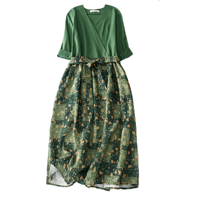 Buddha Stones Spring Flower Printed V-neck Half Sleeve Cotton Linen Midi Dress With Pockets - Green - US8-10，UK/AU12-14，EU40-42 (2XL) - image 0