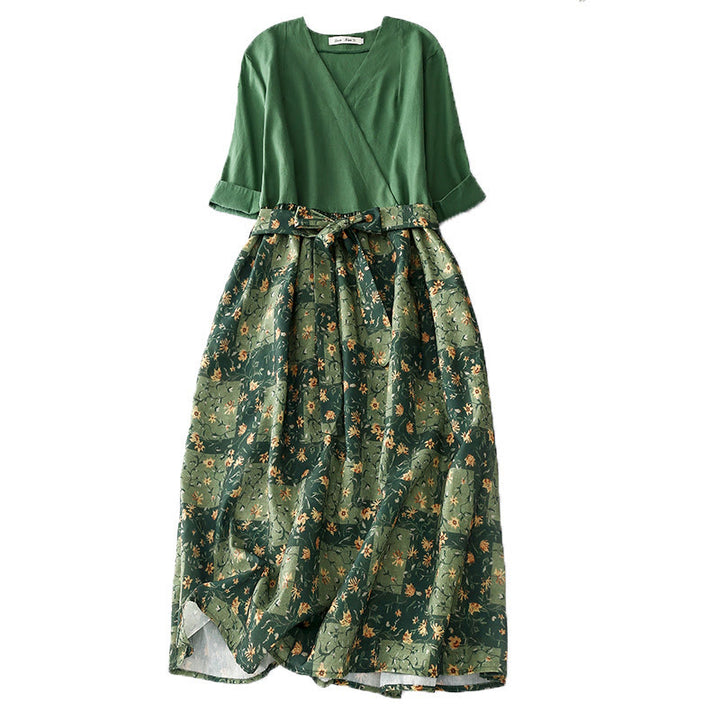 Buddha Stones Spring Flower Printed V-neck Half Sleeve Cotton Linen Midi Dress With Pockets - Green - US8-10，UK/AU12-14，EU40-42 (2XL) - image 0