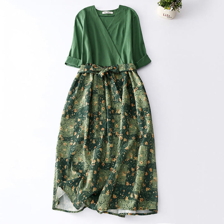 Buddha Stones Spring Flower Printed V-neck Half Sleeve Cotton Linen Midi Dress With Pockets - image 1