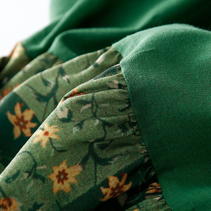 Buddha Stones Spring Flower Printed V-neck Half Sleeve Cotton Linen Midi Dress With Pockets - image 9