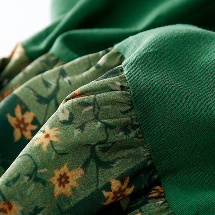 Buddha Stones Spring Flower Printed V-neck Half Sleeve Cotton Linen Midi Dress With Pockets - image 9