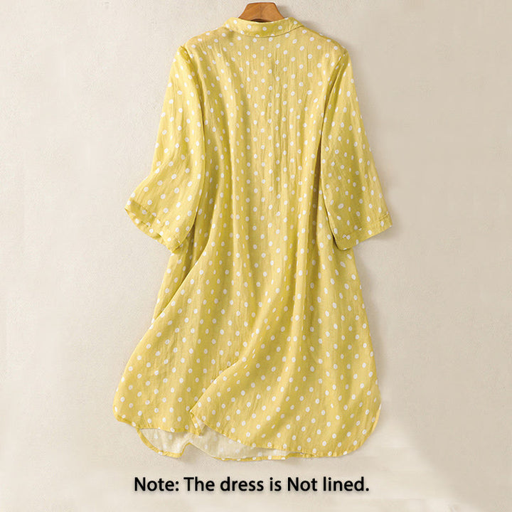 Buddha Stones Spring Polka Dot Button Stand Collar Polyester Midi Dress With Pockets - image 1