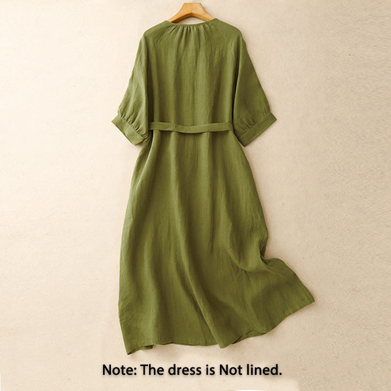 Buddha Stones Spring Plain Crew Neck Lace-up Half Sleeve Cotton Linen Midi Dress - image 2