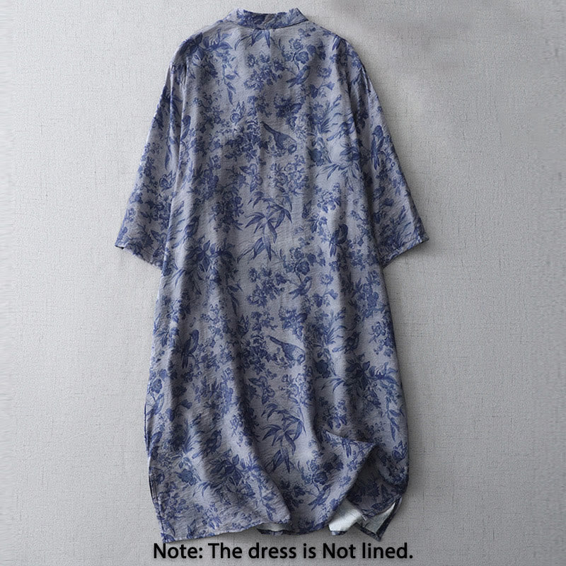 Buddha Stones Flower Leaf Print Frog-Button Half Sleeve Mandarin Collar Cotton Midi Dress - image 2