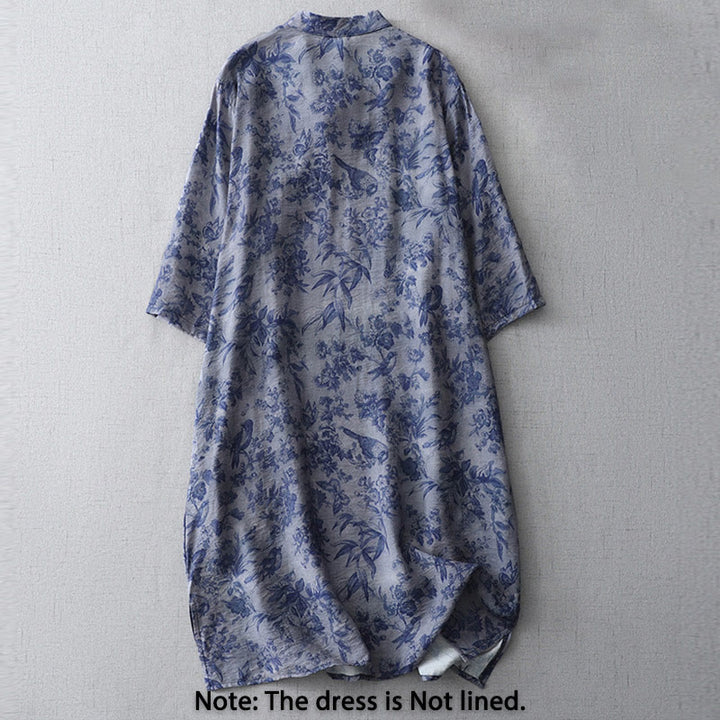 Buddha Stones Flower Leaf Print Frog-Button Half Sleeve Mandarin Collar Cotton Midi Dress - image 2