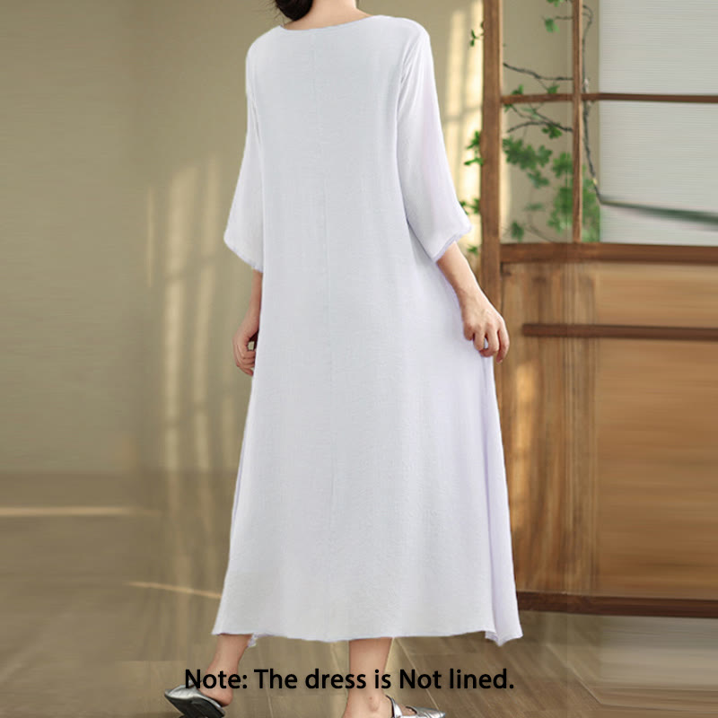 Buddha Stones Casual Plain Frog-Button Crew Neck Three Quarter Sleeve Cotton Midi Dress - image 16