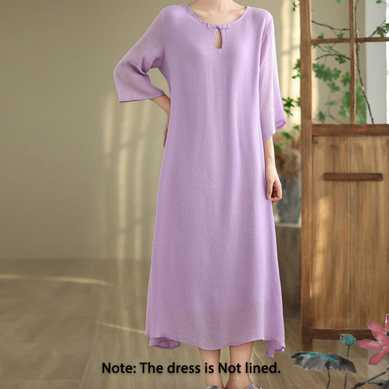 Buddha Stones Casual Plain Frog-Button Crew Neck Three Quarter Sleeve Cotton Midi Dress - image 2