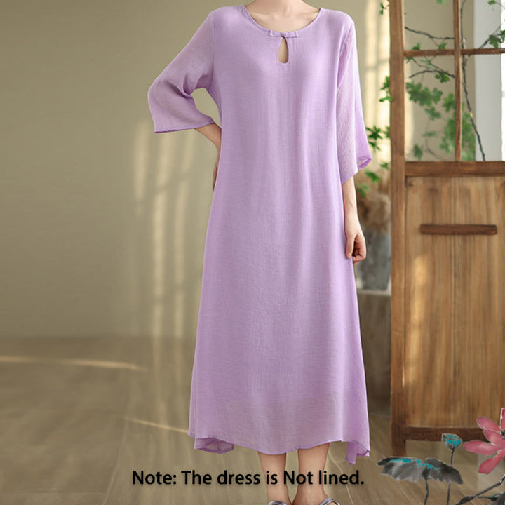 Buddha Stones Casual Plain Frog-Button Crew Neck Three Quarter Sleeve Cotton Midi Dress - image 2