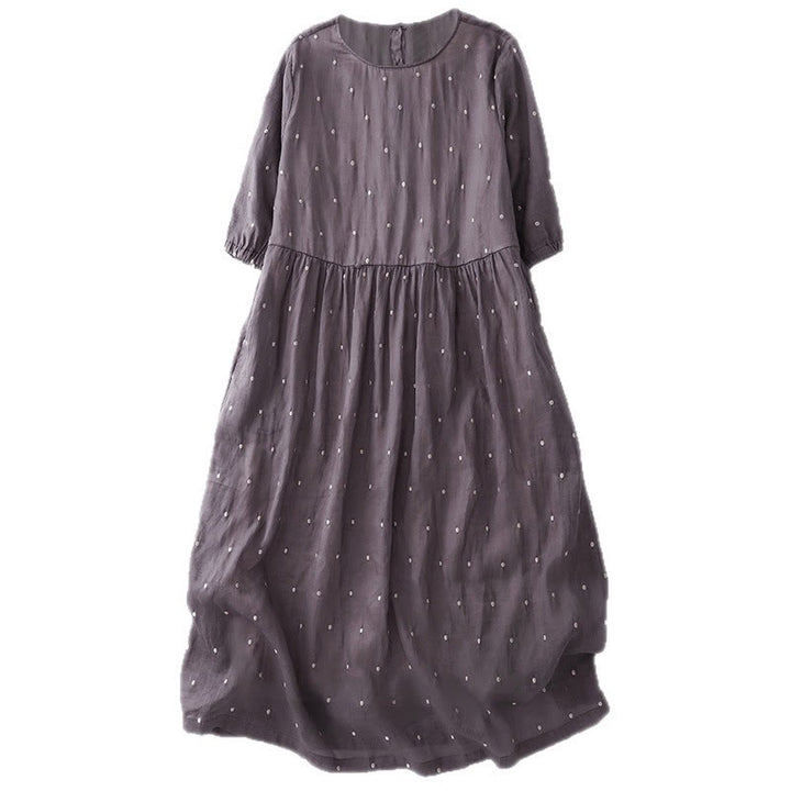 Buddha Stones Back Button Dot Pattern Half Sleeve Cotton Linen Midi Dress With Pockets - image 4