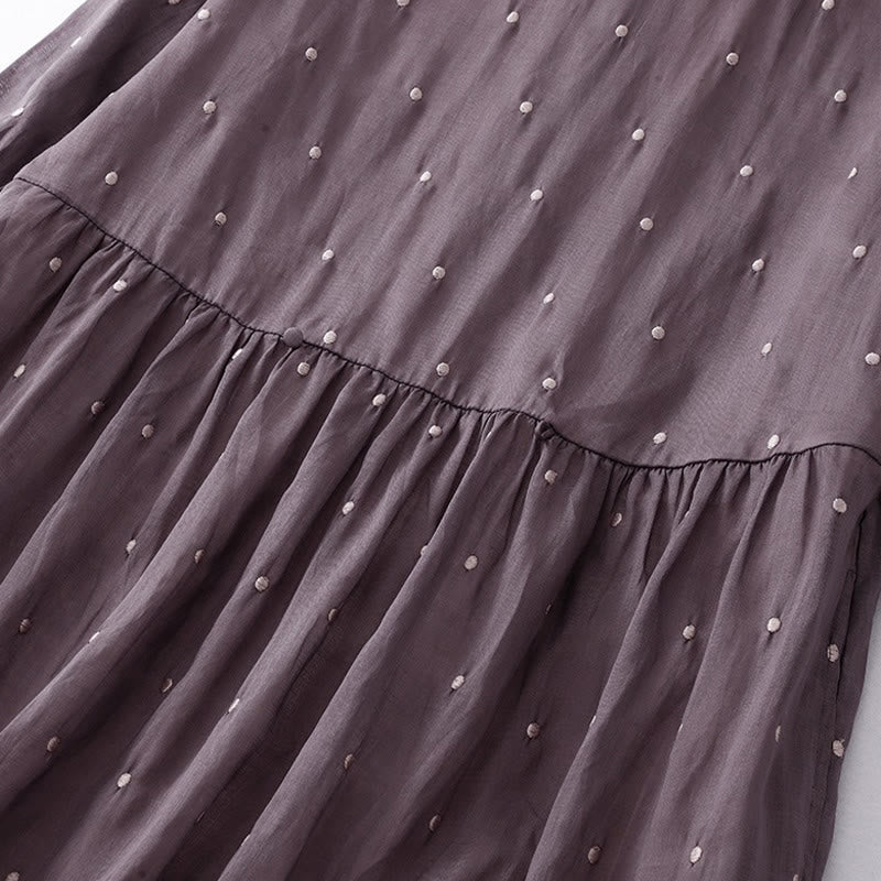 Buddha Stones Back Button Dot Pattern Half Sleeve Cotton Linen Midi Dress With Pockets - image 3