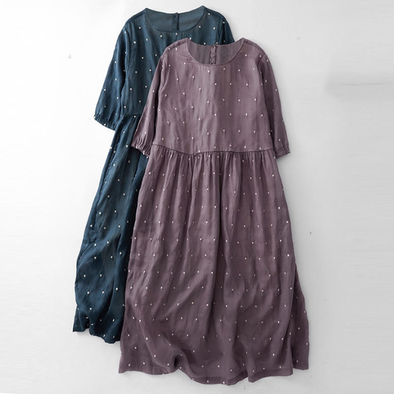 Buddha Stones Back Button Dot Pattern Half Sleeve Cotton Linen Midi Dress With Pockets - image 7