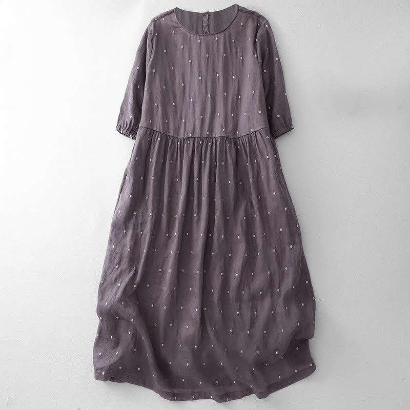 Buddha Stones Back Button Dot Pattern Half Sleeve Cotton Linen Midi Dress With Pockets - MediumOrchid - US8-10，UK/AU12-14，EU40-42 (2XL) - image 1