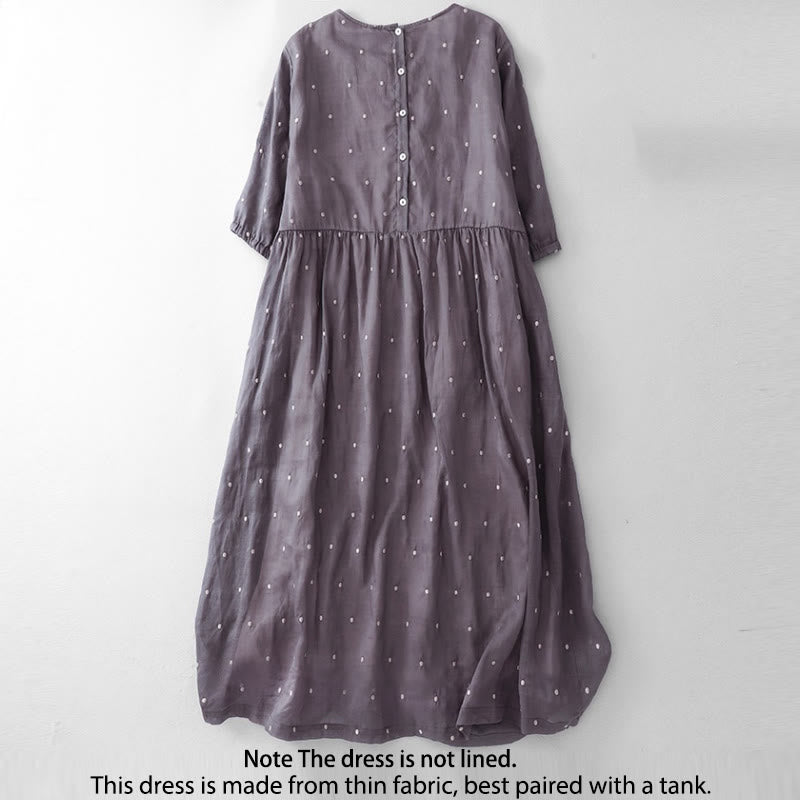 Buddha Stones Back Button Dot Pattern Half Sleeve Cotton Linen Midi Dress With Pockets - image 2