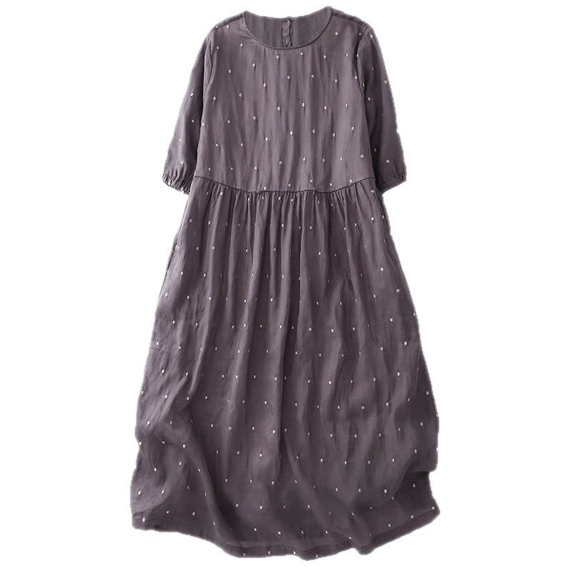 Buddha Stones Back Button Dot Pattern Half Sleeve Cotton Linen Midi Dress With Pockets - image 3