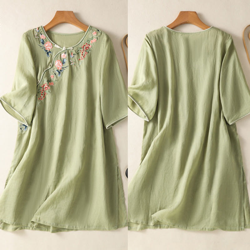 Buddha Stones Embroidery Flower Hem Slit Design Half Sleeve Cotton Linen Zen Midi Dress - image 6