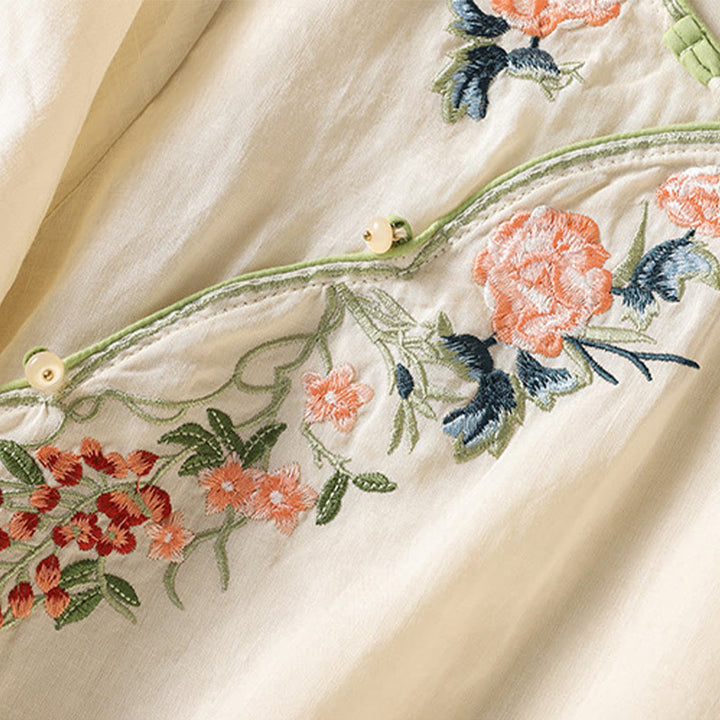 Buddha Stones Embroidery Flower Hem Slit Design Half Sleeve Cotton Linen Zen Midi Dress - image 11
