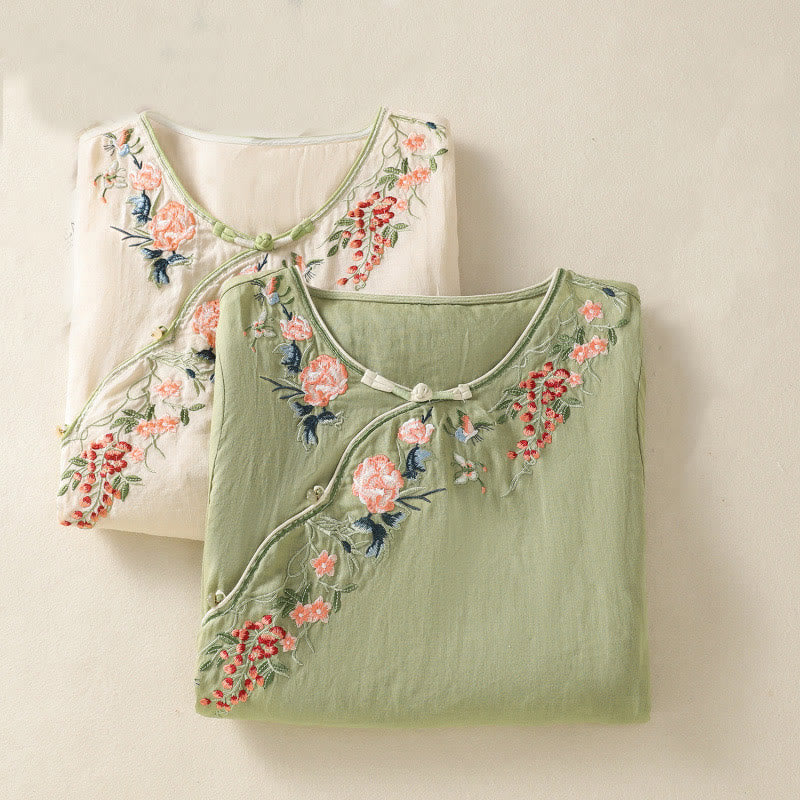 Buddha Stones Embroidery Flower Hem Slit Design Half Sleeve Cotton Linen Zen Midi Dress - image 17